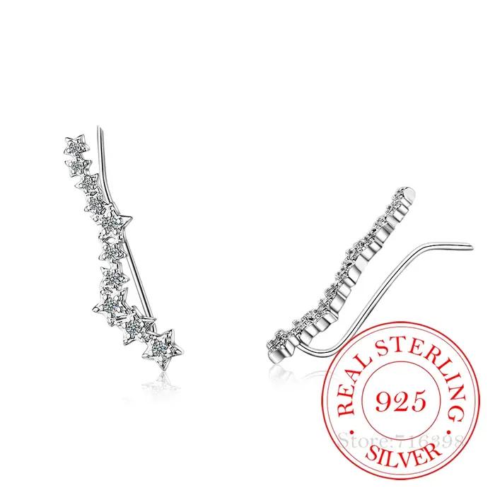100% réel 925 en argent Sterling zircon cubique étoile oreille grimpeur boucles d'oreilles pour les