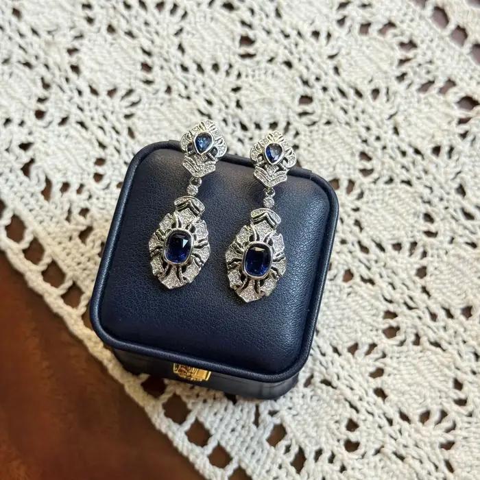 Boucles d'oreilles vintage à pampilles avec pierres précieuses bleues pour femmes