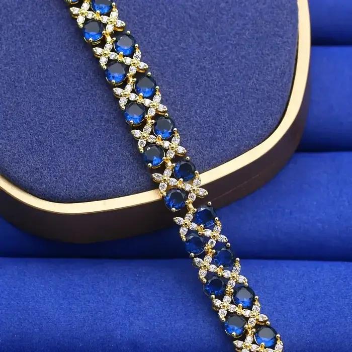 Luxueux bracelet vintage en zircone bleue plaqué or 18 carats pour femme