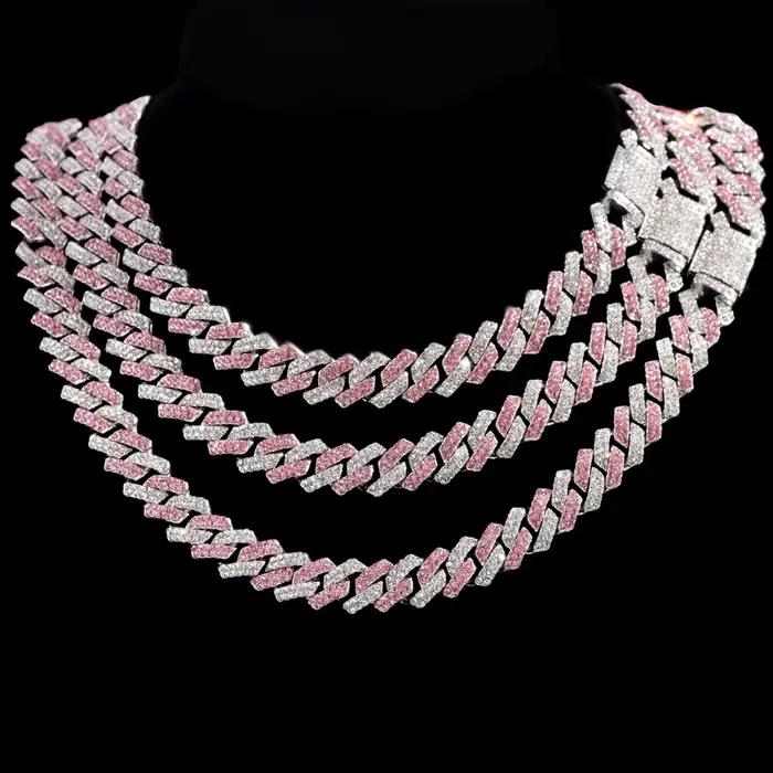 Collier chaîne cubaine Hip Hop pour hommes et femmes, chaîne Miami rose et blanche sertie de strass, bijoux unisexes brillants, cadeau