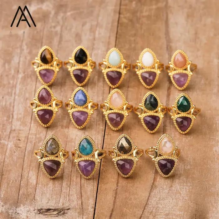 Bague réglable en forme de triangle avec pierres précieuses en cristal naturel, bijoux de mariage de