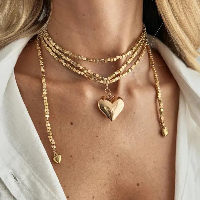 Mode couleur or amour coeur pendentif collier femmes Vintage chaîne de perles Long