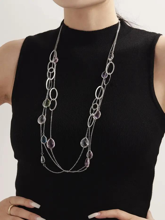 Collier chaîne de pull longue en acier inoxydable plaqué or avec gouttelettes brillantes et pierre de verre à facettes pour femmes occasions spéciales