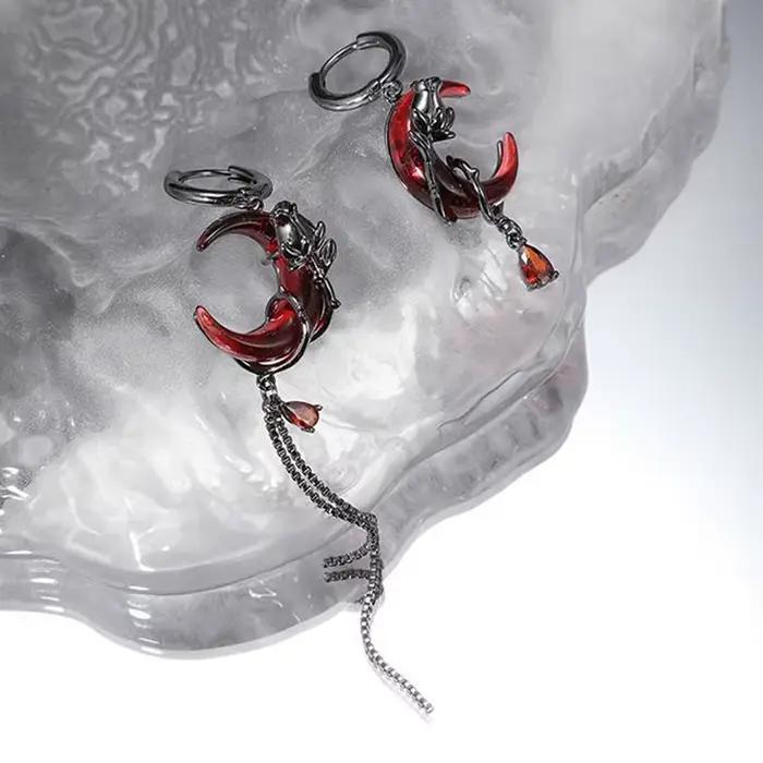 Boucles d'oreilles asymétriques Red Moon Gem, style hip-hop gothique sombre, pendentifs à pampilles, chaîne, boucles d'oreilles pendantes, accessoire de bijouterie