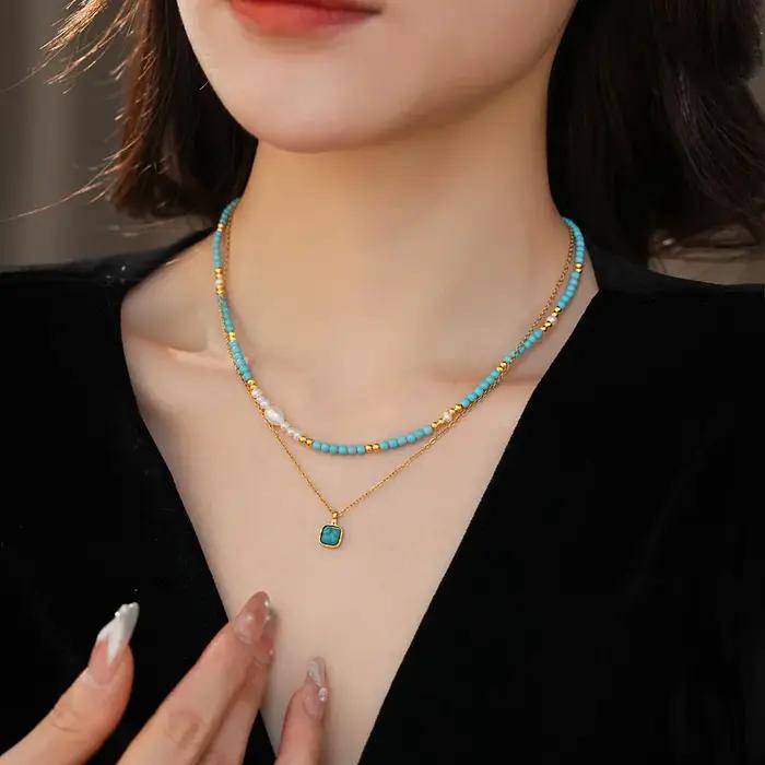 Collier double couche en or 18 carats plaqué turquoise avec perles imitation perles pour femmes occasions spéciales soirée anniversaire mariage