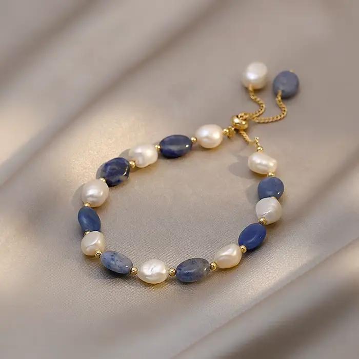 Bracelet à breloques en pierre de Jade bleue et perle d'eau douce baroque