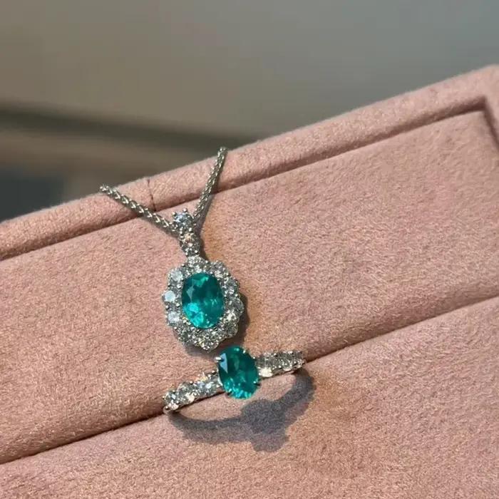 Pendentif en pierres précieuses incrustées de diamants en argent 925 pour femme, collier Paraiba brillant, bijoux exquis, mode rétro, luxe, bleu-vert