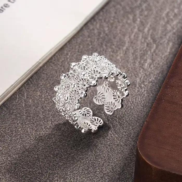 Bagues en argent Sterling 925 pour femmes, Vintage, faites à la main, réglables, rétro, à fleurs, creuses, à la mode, Bijoux féminins, cadeau