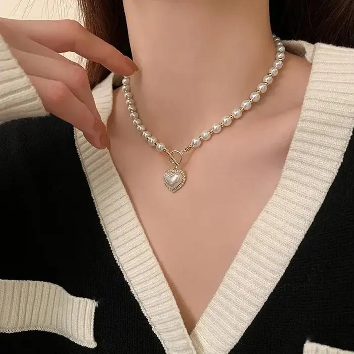 Blanc Imitation Perle Collier Femmes Cristal Pierre Coeur Pendentif Mignon Fille Bijoux Collier Coll