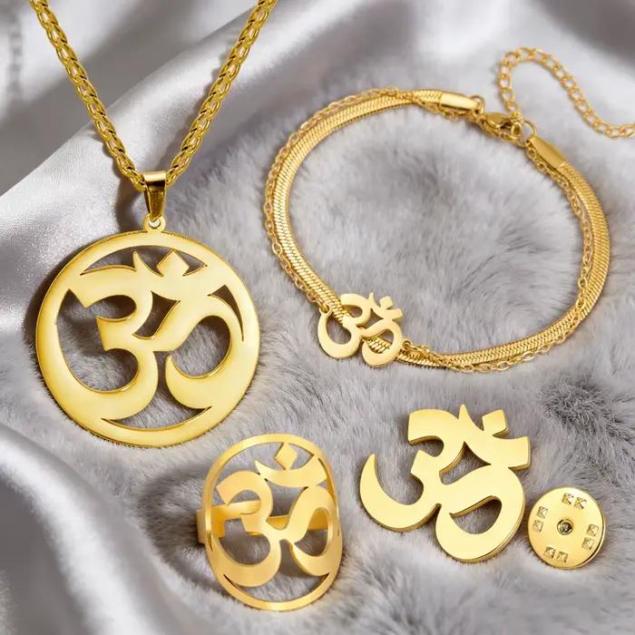 Ensemble collier et bracelet Dawapara Aum Om Ohm avec symboles sanskrits, pendentifs de guérison hindoues, bijoux spirituels en acier inoxydable