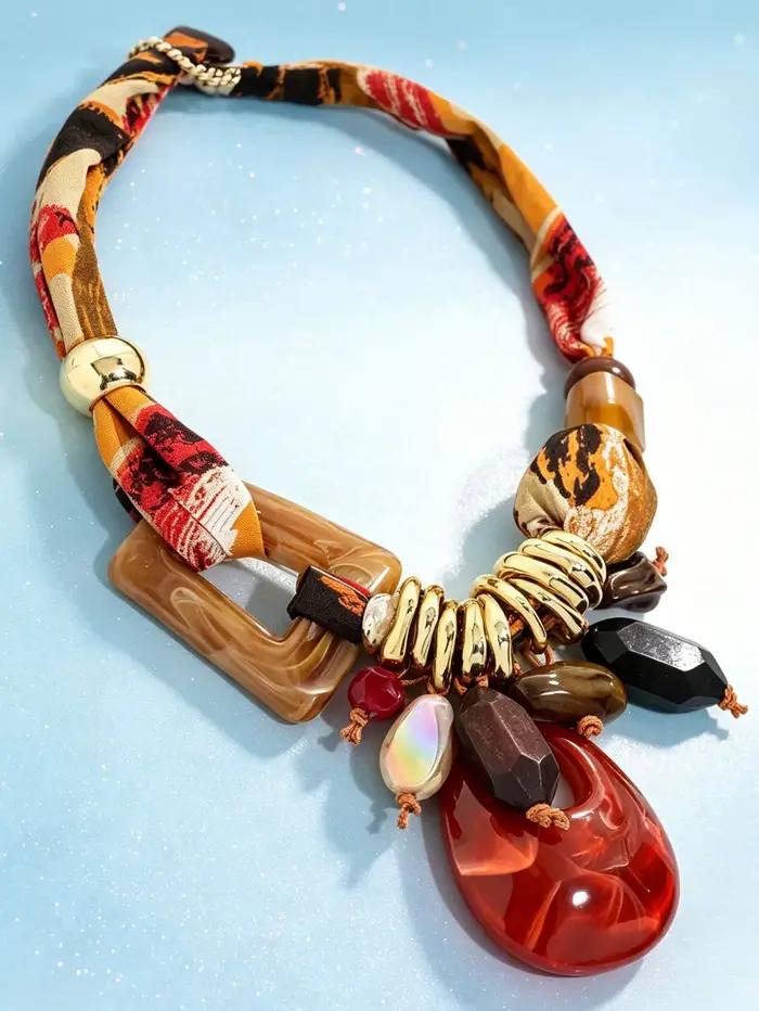 Collier ras du cou épais CUIER d'inspiration vintage, en tissu superposé et perles de pierre, avec pendentif en résine rouge, bijoux bohèmes d'été