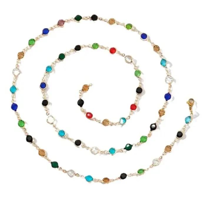 Collier à longue chaîne en perles de pierres précieuses colorées pour femmes