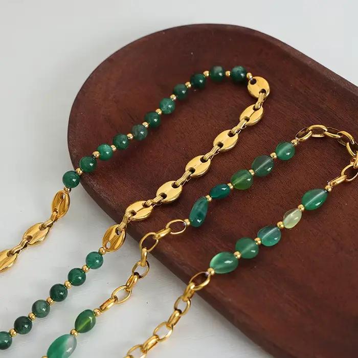 Magnifique collier de perles d'agate verte pour femmes, chaîne en acier inoxydable plaqué or, bijoux élégants, cadeau
