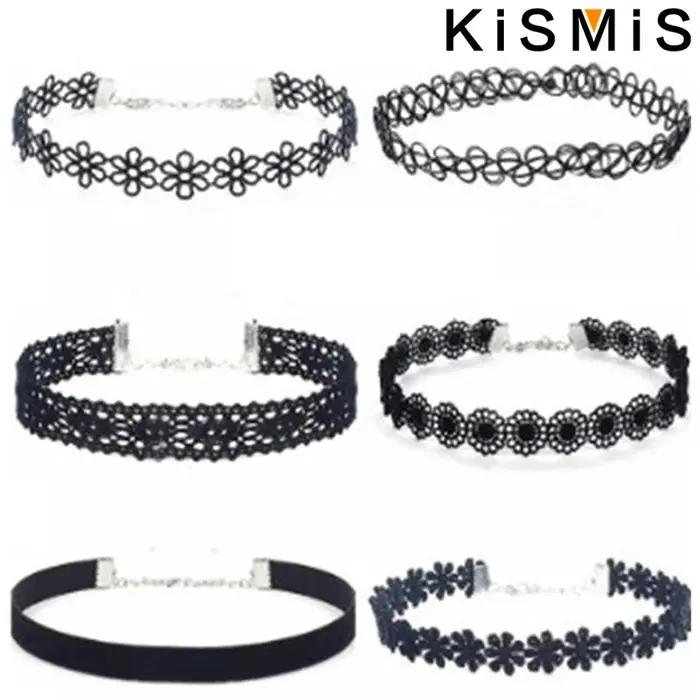 KISMIS 6 pièces/ensemble noir dentelle Sautoirs collier ensemble Vintage gothique Punk élastique