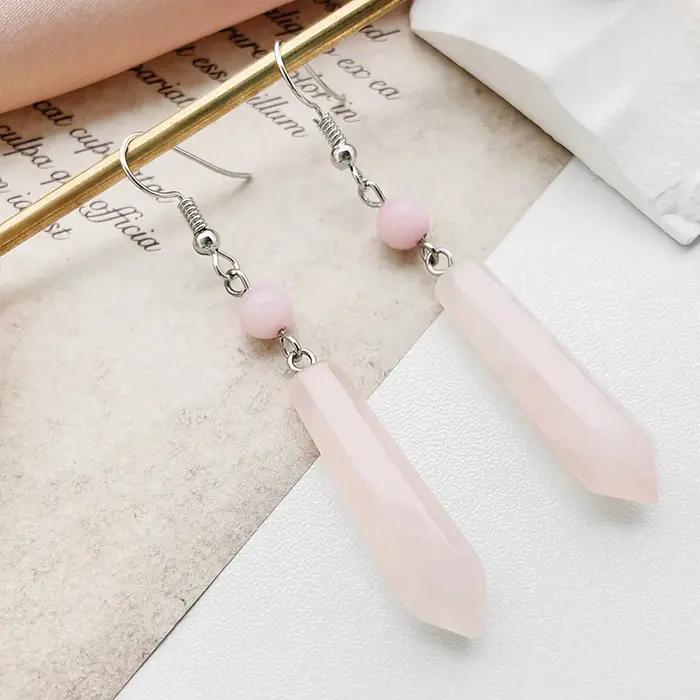 Boucles d'oreilles pendantes en quartz rose pour femmes, bijoux en acier inoxydable faits à la main,