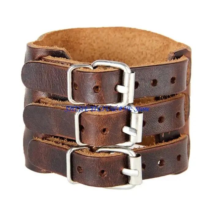 Bracelet manchette en cuir large style punk ajustable avec placage pour homme et femme