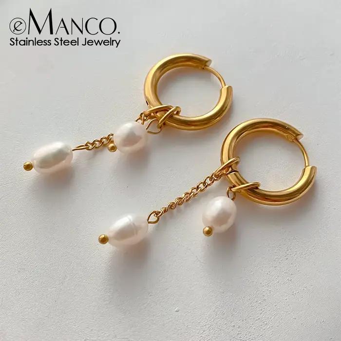 Boucles d'oreilles pendantes en perles d'eau douce de style minimaliste EManco, idéales pour les rendez-vous et les looks chics de bureau, bijoux en acier inoxydable