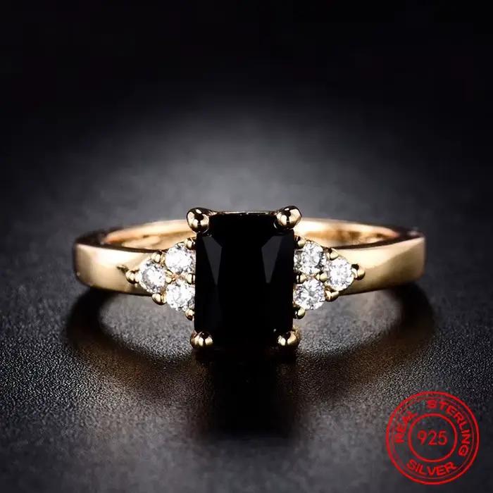 Bague SHYDAN en argent sterling 925 et or 18 carats avec zircon noir pour femme, bijoux tendance