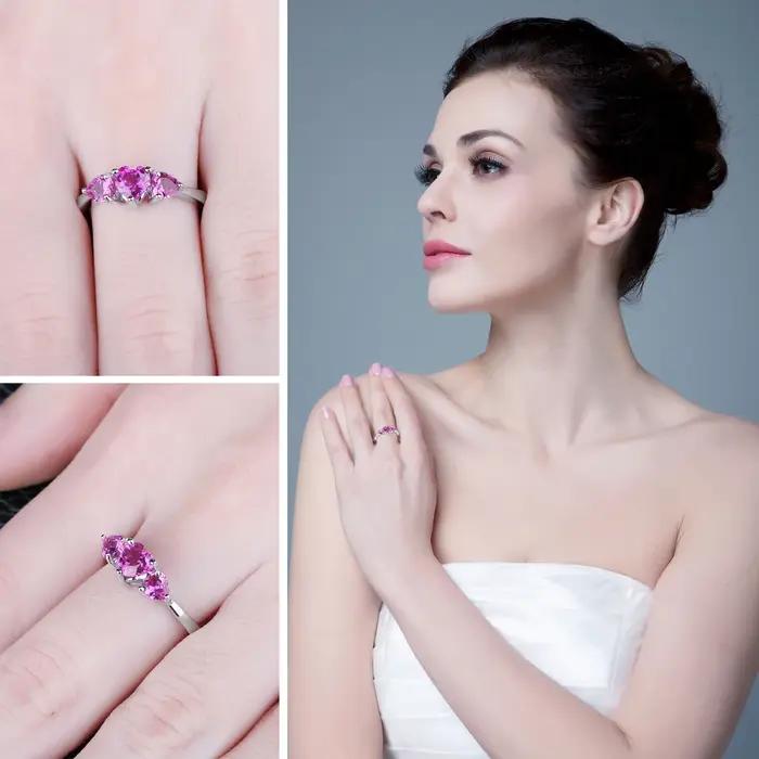 Amour Coeur 1.2ct Créé Saphir Rose 925 Argent Sterling 3 Bague en pierre pour Les Femmes De Fiançailles De Mode Cadeau