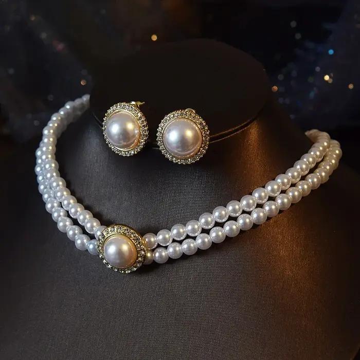 Collier et boucles d'oreilles en perles Double couche pour femmes