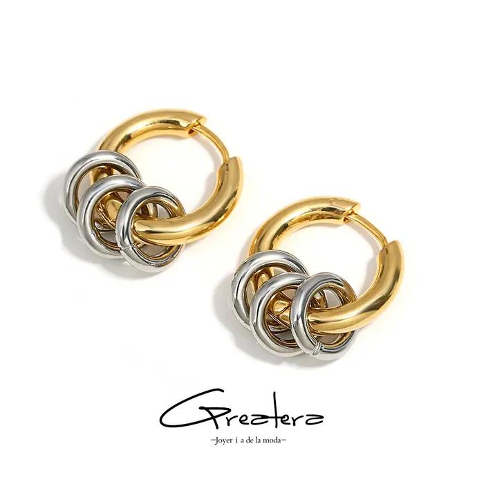 Greatera deux tons anneau Huggie boucles d'oreilles pour femmes plaqué or métal géométrique rond cercle