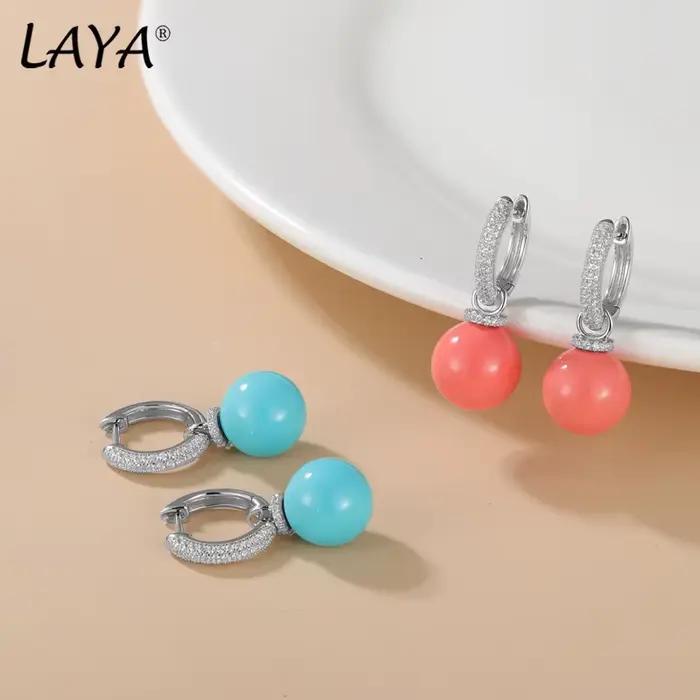 LAYA nouvelle mode Turquoise boucles d'oreilles Zircon 100% 925 argent Sterling