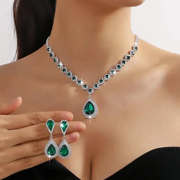 FYUAN luxe rouge vert bleu cristal collier boucles d'oreilles pour les femmes goutte d'eau pendentif