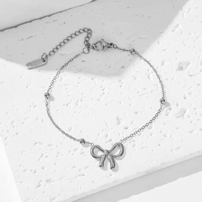 Bracelet à nœud papillon élégant pour femmes et filles, chaîne de perles, bijoux en acier inoxydable, cadeaux