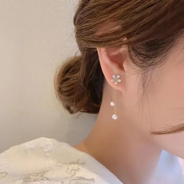 2025 tendance nouvelle Zircon fleur boucle d'oreille femme tempérament glands Imitation perle boucle