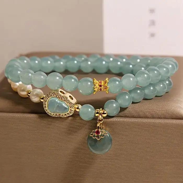 Bracelet double couche en perles de jade bleu clair