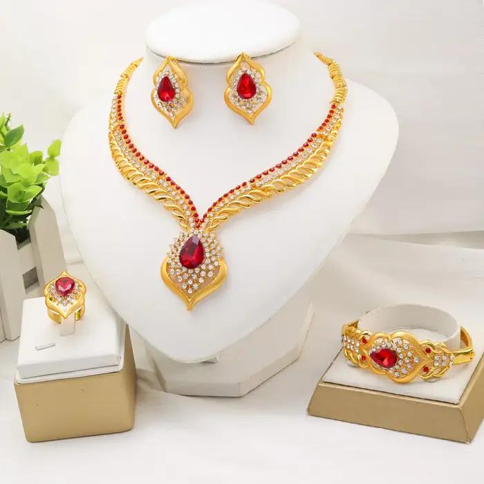 Ensemble de bijoux de luxe or 24 carats collier boucles doreilles cristal pour femmes mariage cérémonie spécial