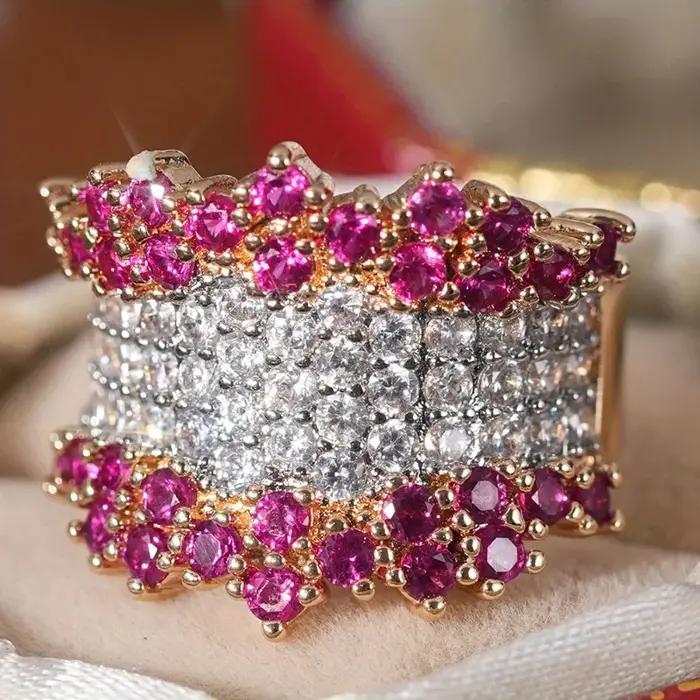 Bague en laiton sertie de zirconium multi-couleurs pour femmes élégantes occasions spéciales et formelles