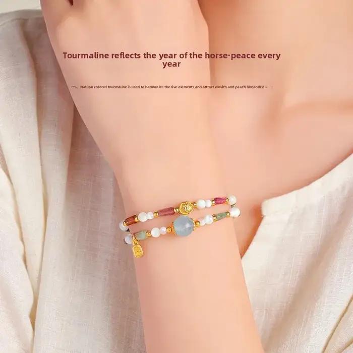 Bracelet double couche en tourmaline naturelle et aigue-marine 2026 pour femme