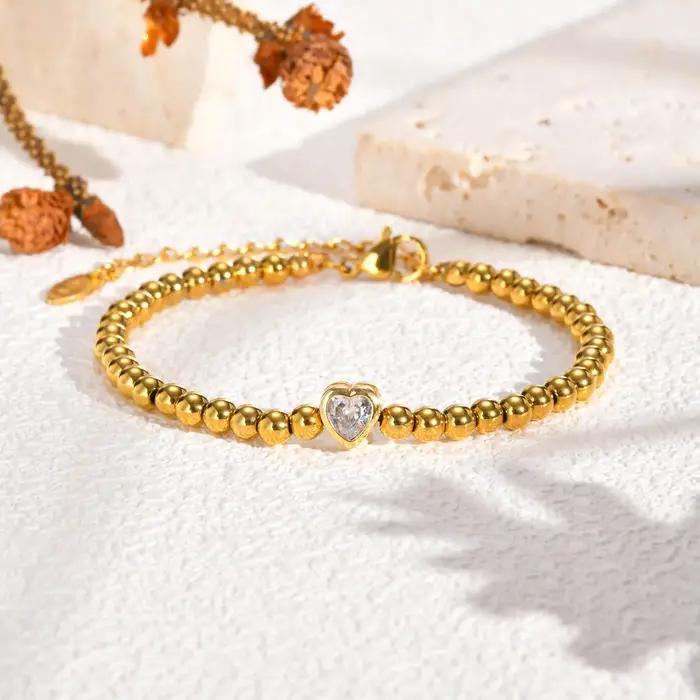 Bracelet Perlé en Acier Inoxydable VNOX Pour Femme Occasions Spéciales Coeur Zircone Cubique Doré Décontracté Sportif