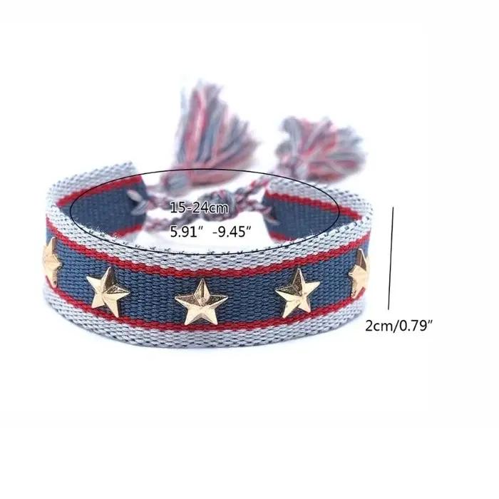 Bracelet à rivets étoile cœur en coton pour femmes avec pompons tissés bohèmes pour toutes occasions spéciales