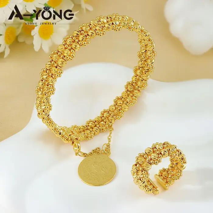 Ensemble de bijoux en or plaqué 24 carats pour femmes, bracelets et bagues en perles rondes, bijoux islamiques vintage pour célébrations et occasions spéciales