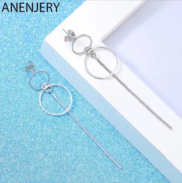 ANENJERY – boucle d'oreille longue couleur argent, Double cercle rond, gland, ligne d'oreille, bijou