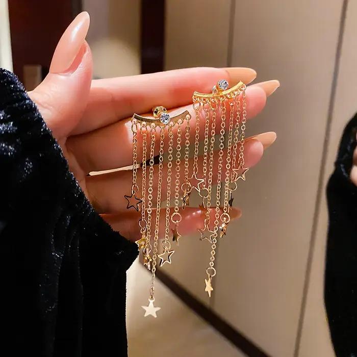 Boucles d'oreilles longues étoiles en Zircon scintillant pour femmes