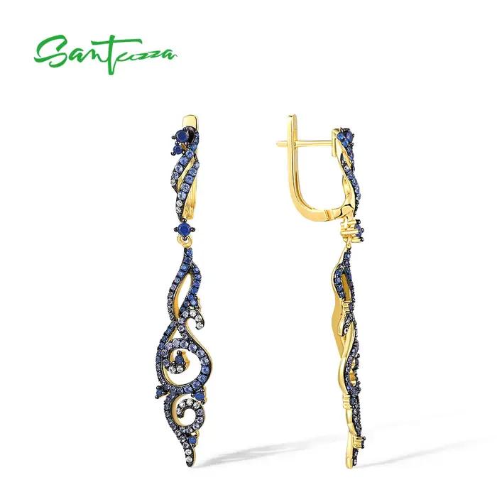 SANTUZZA-Boucles d'Oreilles en Argent Sterling 925 pour Femme, Bijoux Longs Linéaires Fins et Élégants, Spinelle Bleue/Caractère Cubique, Contre-indiqué