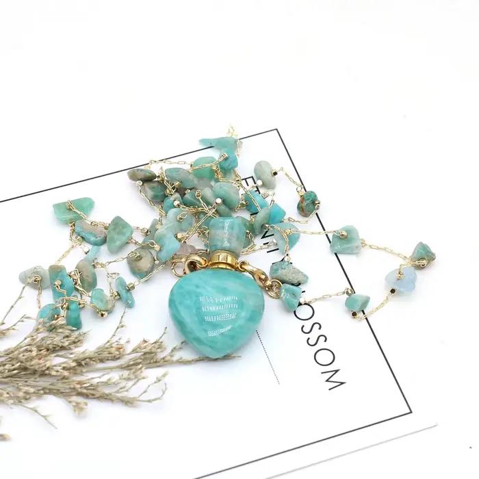 Collier bouteille de parfum Amazonite, pendentif en pierre en forme de cœur, diffuseur d'huile essentielle, breloques pour femmes et hommes, accessoires de bijoux