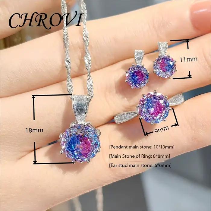 Collier pendentif en argent sterling 925 de luxe léger, design rose avec diamants colorés, boucles d'oreilles et bague assorties en pierres précieuses