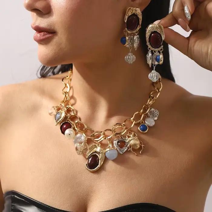 Ensemble de bijoux bohèmes rétro en résine avec pierres précieuses et perles pour femmes pour occasions spéciales