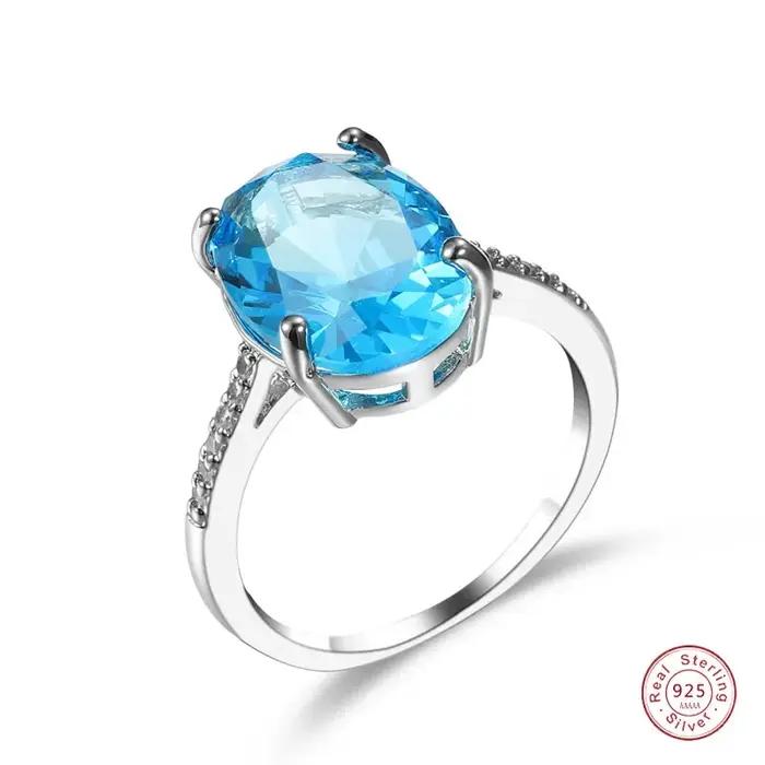 Bague Solitaire en cristal de luxe pour femmes, en argent Sterling 925, ovale bleu, Zircon, bague de mariage, promesse, bagues de fiançailles pour femmes, Bijoux