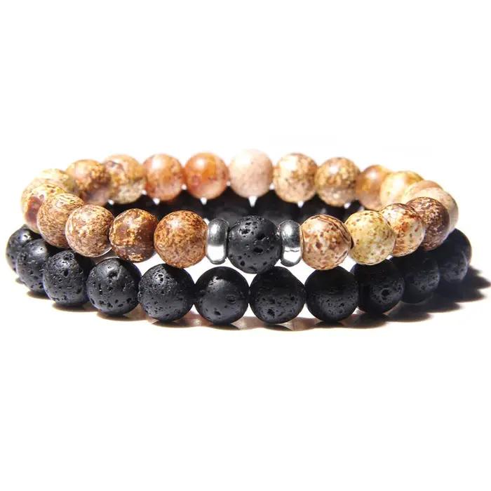 2 pièces/ensemble Couples Distance Bracelets mâle noir pierre de lave perles bracelet femme bois perles bracelets porte-bonheur femmes hommes Bracelets