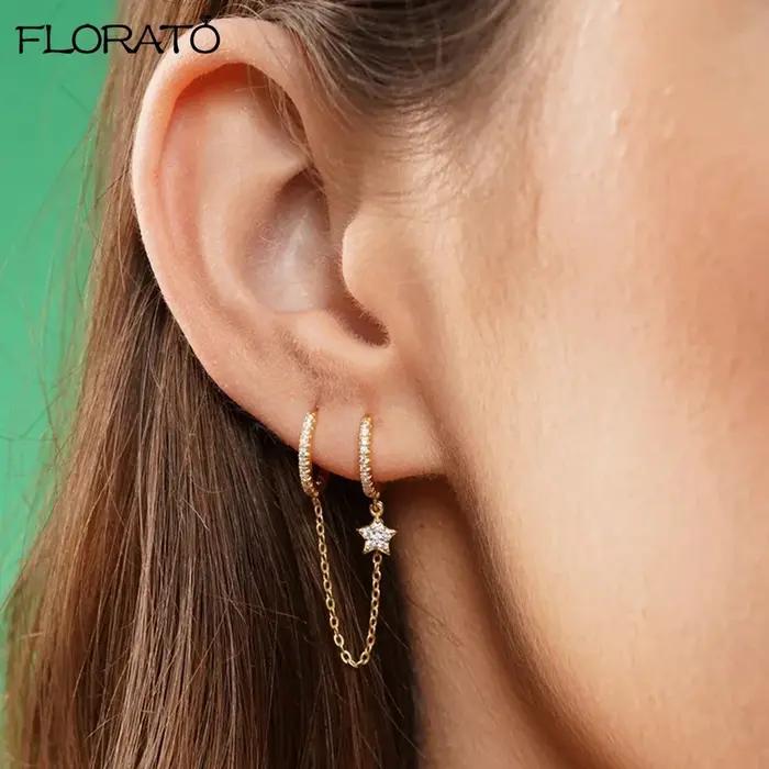 1 pièces Double cerceau boucle d'oreille avec chaîne 925 en argent Sterling oreille aiguille cristal Huggie boucles