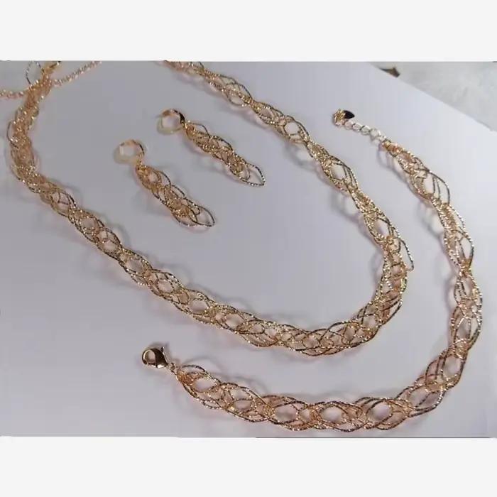 Ensemble de bijoux pour femme collier bracelet et boucles d'oreilles géométriques en cuivre couleur Or Rose style mariée élégant