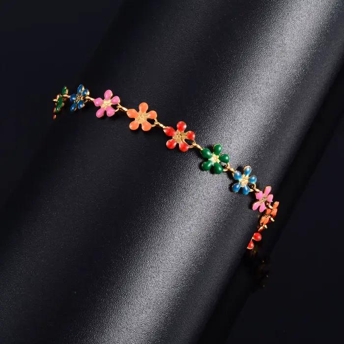 Bracelet de fleur en acier inoxydable pour femme, bohème coloré, bracelet de pied de rinçage, bracelet de main, bijoux en métal, bracelet de cheville de plage d'été