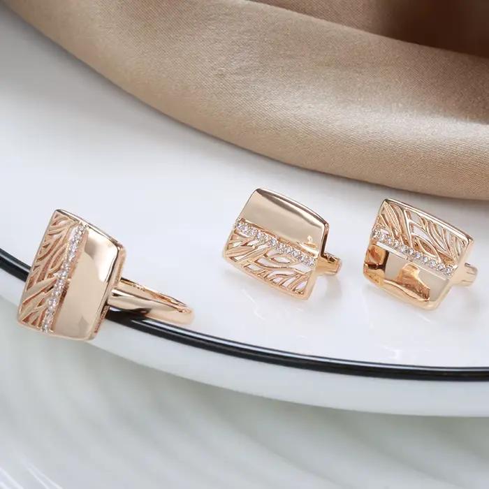 Bague de luxe brillante en or rose 585 pour femme, bijou de mariage vintage à la mode, avec zirconium blanc, carré, pour occasions spéciales