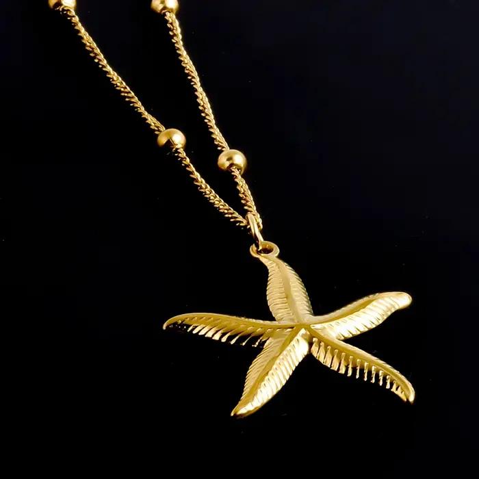 Collier marin en acier inoxydable plaqué or véritable avec perles et pendentifs coquillage