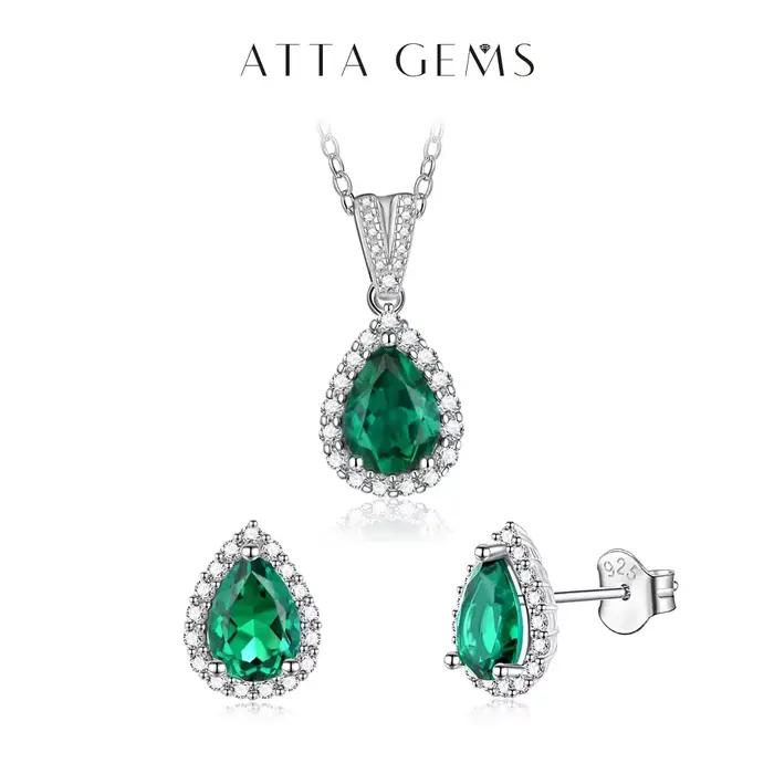 ATTAGEMS-Ensemble de bijoux en argent regardé S925 pour femme, formage cultivée en laboratoire, émeraude, pierres précieuses, boucles d'oreilles, collier, pendentif pour mariage